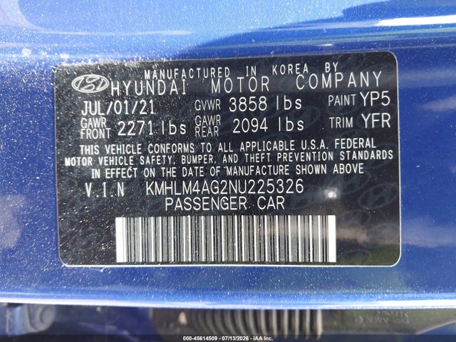 Продажа на аукционе авто 2022 Hyundai Elantra Sel, vin: KMHLM4AG2NU225326, номер лота: 45614509