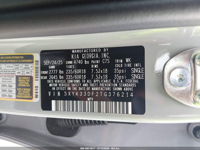 2026 Kia Sportage Ex მანქანა იყიდება აუქციონზე, vin: 5XYK33DF2TG376214, აუქციონის ნომერი: 45614517