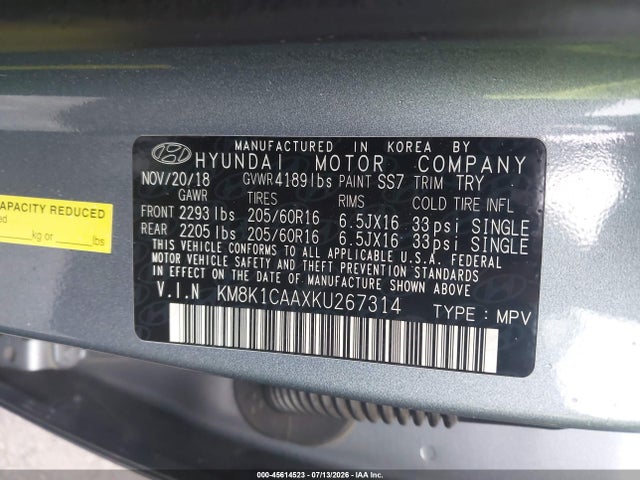 Aukcja sprzedaży 2019 Hyundai Kona Se, vin: KM8K1CAAXKU267314, numer aukcji: 45614523