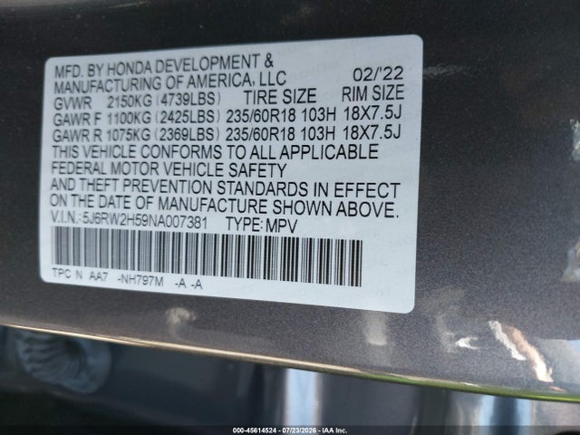 Auction sale of the 2022 Honda Cr-v Awd Ex, vin: 5J6RW2H59NA007381, lot number: 45614524