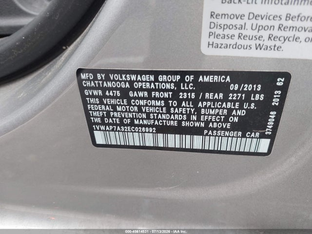 2014 Volkswagen Passat 2.5l S მანქანა იყიდება აუქციონზე, vin: 1VWAP7A32EC026992, აუქციონის ნომერი: 45614531