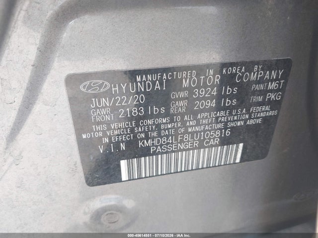 45614551 :رقم المزاد ، KMHD84LF8LU105816 vin ، 2020 Hyundai Elantra Sel مزاد بيع