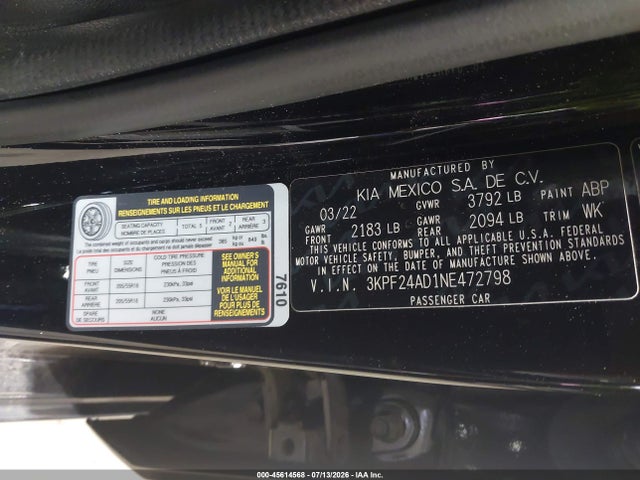 Продажа на аукционе авто 2022 Kia Forte Lxs, vin: 3KPF24AD1NE472798, номер лота: 45614568