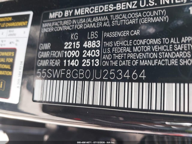 Aukcja sprzedaży 2018 Mercedes-benz Amg C 63, vin: 55SWF8GB0JU253464, numer aukcji: 45614571