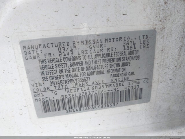 3N1AB7AP8KY335537 Nissan SENTRA SV