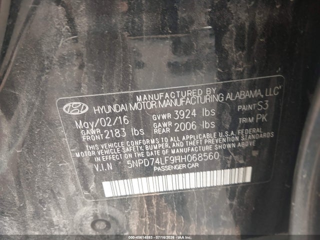 5NPD74LF9HH068560 Hyundai ELANTRA SE