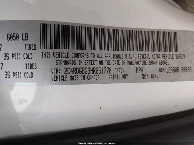 Продаж на аукціоні авто 2017 Dodge Grand Caravan Se, vin: 2C4RDGBG3HR651770, номер лоту: 45614596