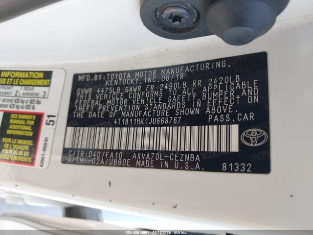 4T1B11HK1JU668767 Toyota CAMRY LE