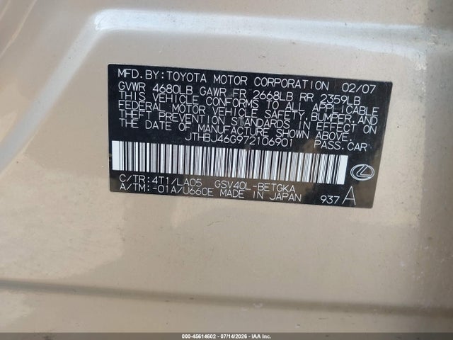 45614602 :رقم المزاد ، JTHBJ46G972106901 vin ، 2007 Lexus Es 350 مزاد بيع