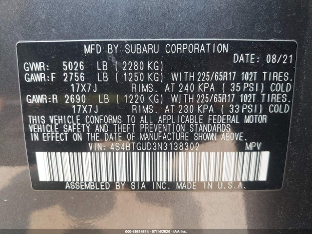 Aukcja sprzedaży 2022 Subaru Outback Wilderness, vin: 4S4BTGUD3N3138302, numer aukcji: 45614614