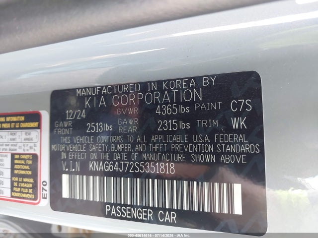 45614616 :رقم المزاد ، KNAG64J72S5351818 vin ، 2025 Kia K5 Gt-line مزاد بيع
