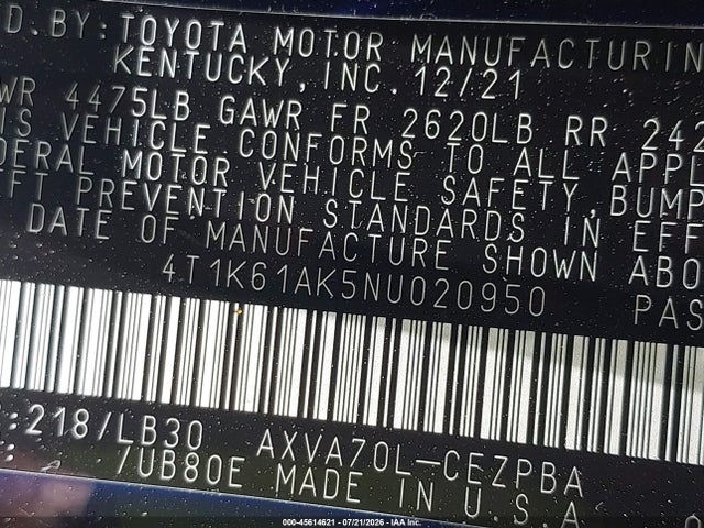 Aukcja sprzedaży 2022 Toyota Camry Xse, vin: 4T1K61AK5NU020950, numer aukcji: 45614621