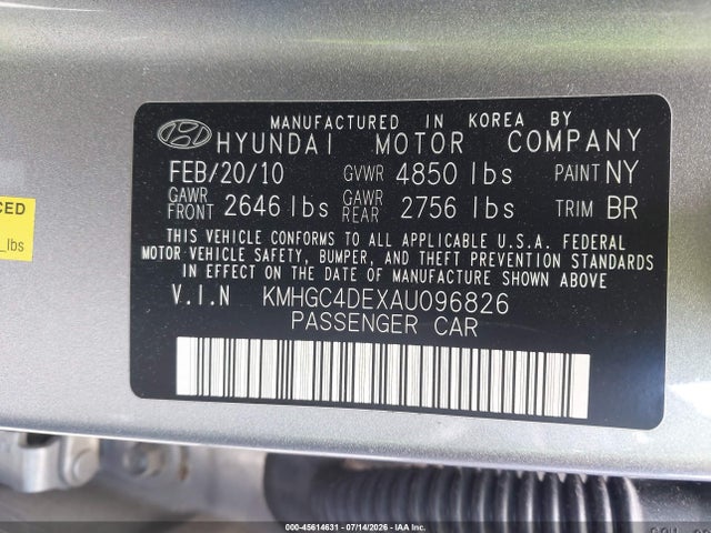 45614631 :رقم المزاد ، KMHGC4DEXAU096826 vin ، 2010 Hyundai Genesis 3.8 مزاد بيع