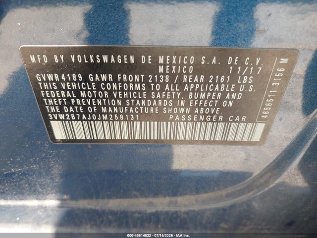 2018 Volkswagen Jetta 1.4t S მანქანა იყიდება აუქციონზე, vin: 3VW2B7AJ0JM258131, აუქციონის ნომერი: 45614632