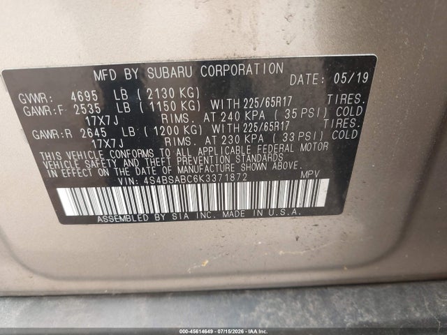 Продажа на аукционе авто 2019 Subaru Outback 2.5i, vin: 4S4BSABC6K3371872, номер лота: 45614649