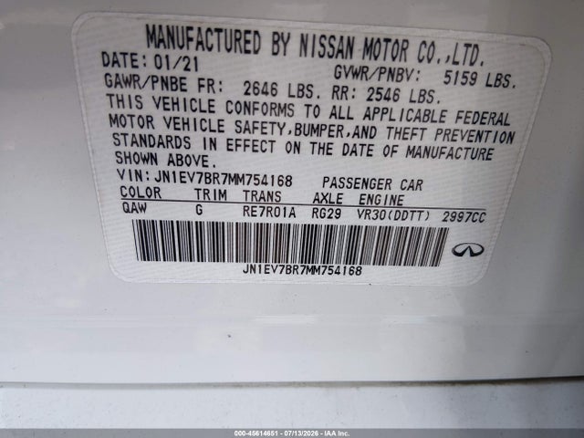 45614651 :رقم المزاد ، JN1EV7BR7MM754168 vin ، 2021 Infiniti Q50 Luxe Awd مزاد بيع