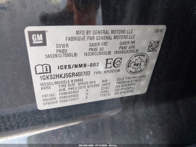2016 Gmc Yukon Xl Denali მანქანა იყიდება აუქციონზე, vin: 1GKS2HKJ5GR466783, აუქციონის ნომერი: 45614656