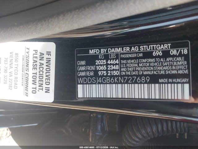 Aukcja sprzedaży 2019 Mercedes-benz Cla 250 4matic, vin: WDDSJ4GB6KN727689, numer aukcji: 45614665
