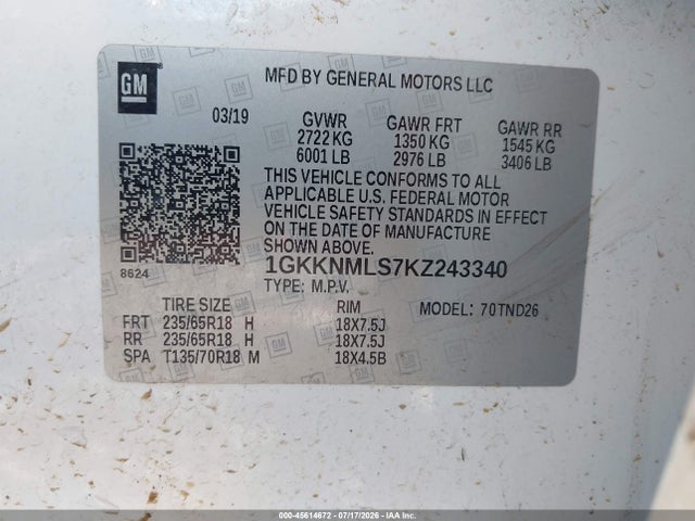 Aukcja sprzedaży 2019 Gmc Acadia Slt-1, vin: 1GKKNMLS7KZ243340, numer aukcji: 45614672