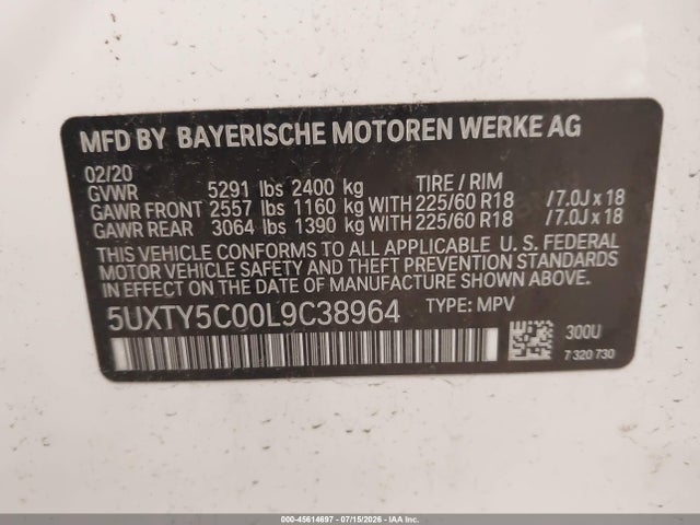 Продаж на аукціоні авто 2020 Bmw X3 Xdrive30i, vin: 5UXTY5C00L9C38964, номер лоту: 45614697