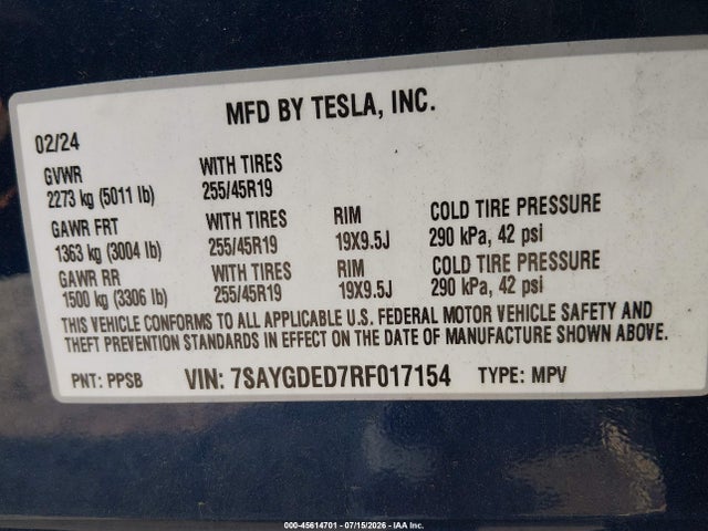 Продаж на аукціоні авто 2024 Tesla Model Y, vin: 7SAYGDED7RF017154, номер лоту: 45614701