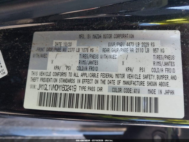 Auction sale of the 2021 Mazda Mazda6 Touring, vin: JM1GL1VM0M1602419, lot number: 45614704
