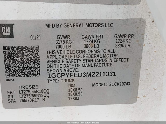 2021 Chevrolet Silverado 1500 4wd  Standard Bed Lt Trail Boss მანქანა იყიდება აუქციონზე, vin: 1GCPYFED3MZ211331, აუქციონის ნომერი: 45614707