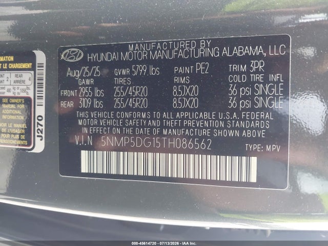 Aukcja sprzedaży 2026 Hyundai Santa Fe Hybrid Calligraphy, vin: 5NMP5DG15TH086562, numer aukcji: 45614720
