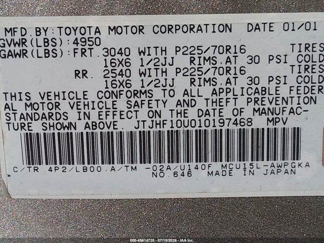 Aukcja sprzedaży 2001 Lexus Rx 300, vin: JTJHF10U010197468, numer aukcji: 45614728