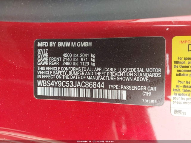 45614739 :رقم المزاد ، WBS4Y9C53JAC86844 vin ، 2018 Bmw M4 مزاد بيع