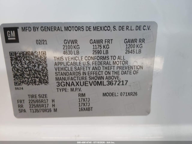 Aukcja sprzedaży 2021 Chevrolet Equinox Awd Lt, vin: 3GNAXUEV0ML367217, numer aukcji: 45614745
