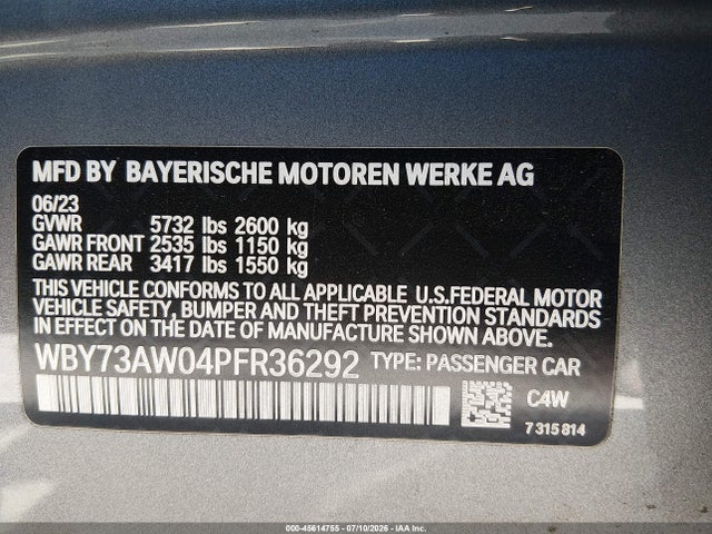 Aukcja sprzedaży 2023 Bmw I4 Edrive40, vin: WBY73AW04PFR36292, numer aukcji: 45614755