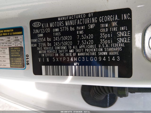 Продажа на аукционе авто 2020 Kia Telluride Ex, vin: 5XYP34HC3LG094143, номер лота: 45614770
