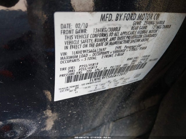 Продаж на аукціоні авто 2010 Lincoln Mks Ecoboost, vin: 1LNHL9FT5AG612697, номер лоту: 45614776