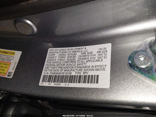 2026 Honda Cr-v Hybrid Awd Sport Touring მანქანა იყიდება აუქციონზე, vin: 7FARS6H9XTE130188, აუქციონის ნომერი: 45614798