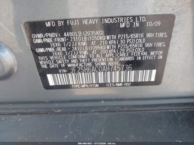 45614821 :رقم المزاد ، JF2SH6AC0AH745736 vin ، 2010 Subaru Forester 2.5x مزاد بيع