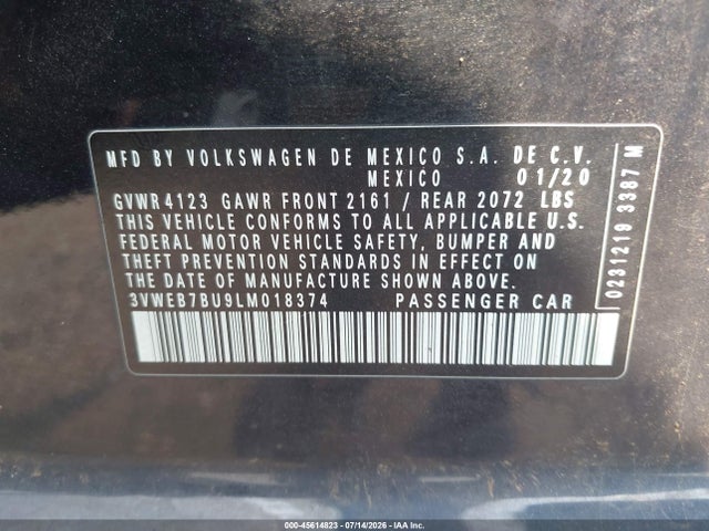 45614823 :رقم المزاد ، 3VWEB7BU9LM018374 vin ، 2020 Volkswagen Jetta 1.4t Sel مزاد بيع