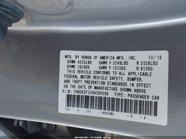 Honda ACCORD LX 2017 1HGCR2F32HA094096 Image 9