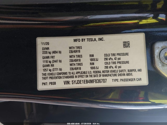 Tesla Model 3 Long Range 2021 5YJ3E1EB4MF836707 Image 9