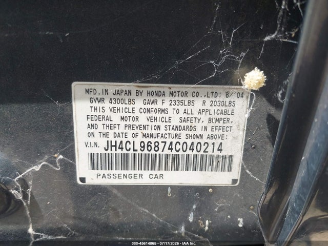 45614865 :رقم المزاد ، JH4CL96874C040214 vin ، 2004 Acura Tsx مزاد بيع