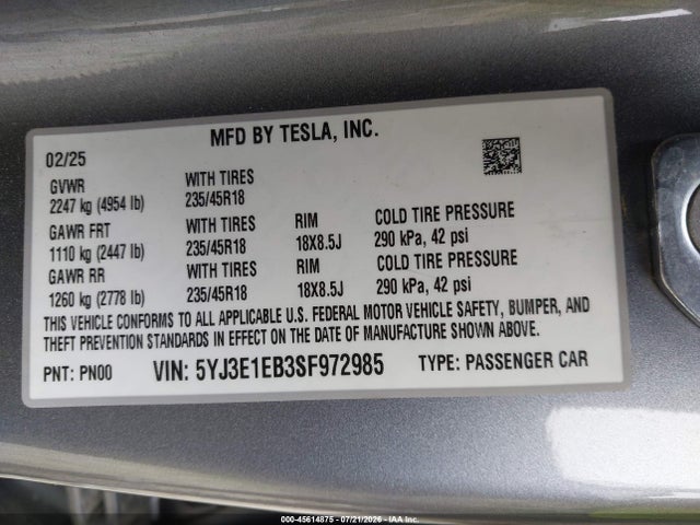 Aukcja sprzedaży 2025 Tesla Model 3 Long Range All-wheel Drive, vin: 5YJ3E1EB3SF972985, numer aukcji: 45614875