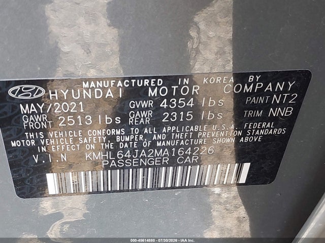 Aukcja sprzedaży 2021 Hyundai Sonata Sel, vin: KMHL64JA2MA164226, numer aukcji: 45614880
