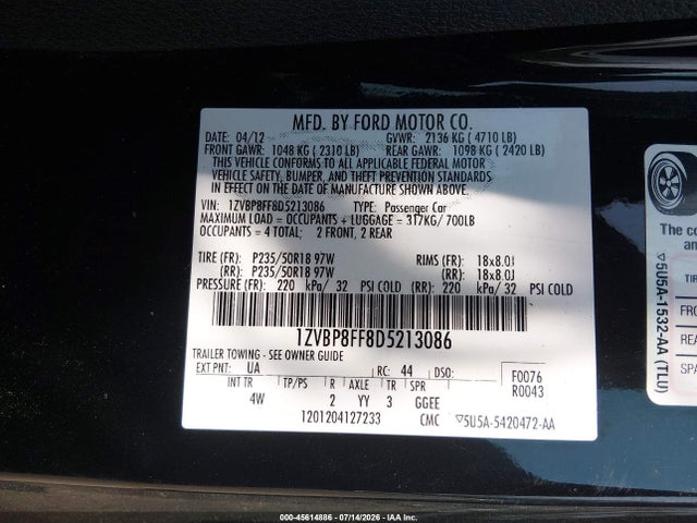 45614886 :رقم المزاد ، 1ZVBP8FF8D5213086 vin ، 2013 Ford Mustang Gt Premium مزاد بيع