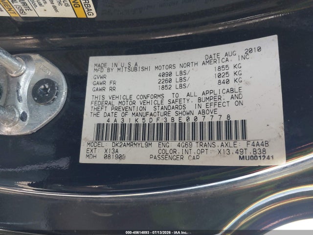 Продажа на аукционе авто 2011 Mitsubishi Eclipse Gs/gs Sport, vin: 4A31K5DF3BE007778, номер лота: 45614893