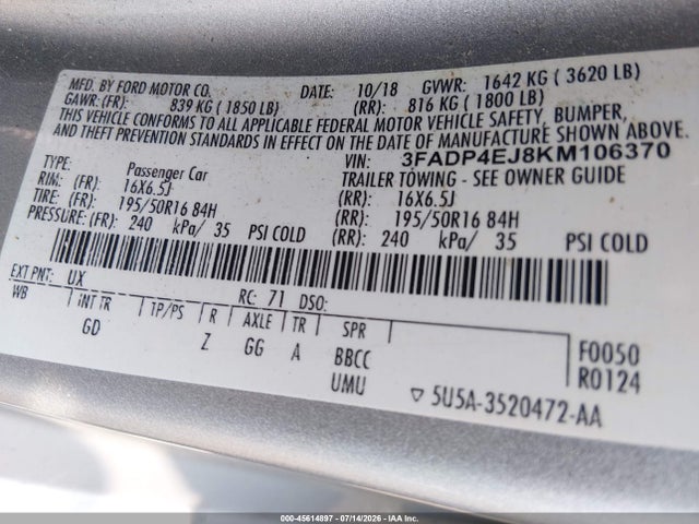 Продажа на аукционе авто 2019 Ford Fiesta Se, vin: 3FADP4EJ8KM106370, номер лота: 45614897