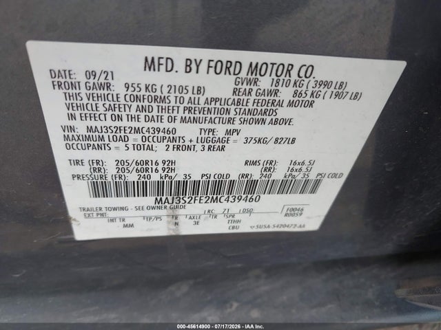 Aukcja sprzedaży 2021 Ford Ecosport S, vin: MAJ3S2FE2MC439460, numer aukcji: 45614900