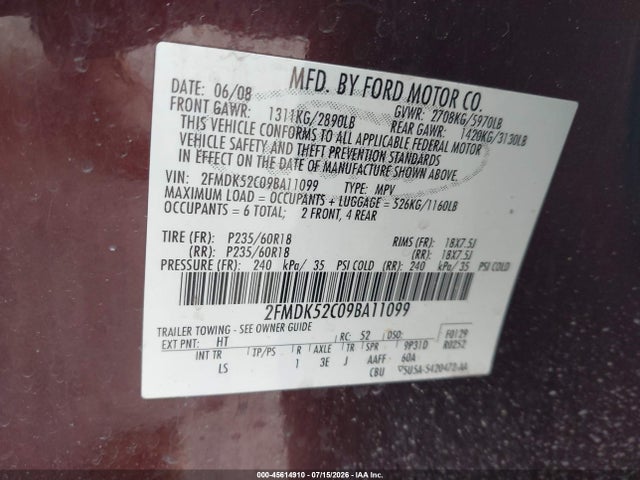 Aukcja sprzedaży 2009 Ford Flex Sel, vin: 2FMDK52C09BA11099, numer aukcji: 45614910