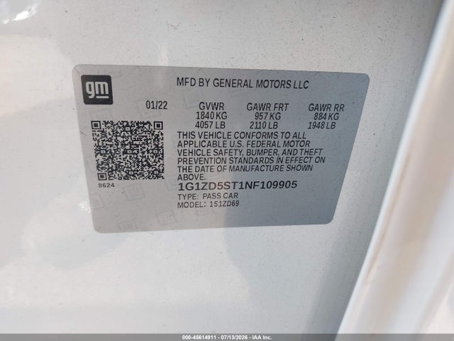 45614911 :رقم المزاد ، 1G1ZD5ST1NF109905 vin ، 2022 Chevrolet Malibu Fwd Lt مزاد بيع