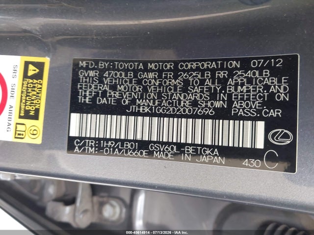 Aukcja sprzedaży 2013 Lexus Es 350, vin: JTHBK1GG2D2007696, numer aukcji: 45614914