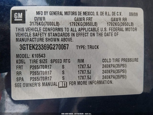 2009 Gmc Sierra 1500 Sle მანქანა იყიდება აუქციონზე, vin: 3GTEK23369G270067, აუქციონის ნომერი: 45614936